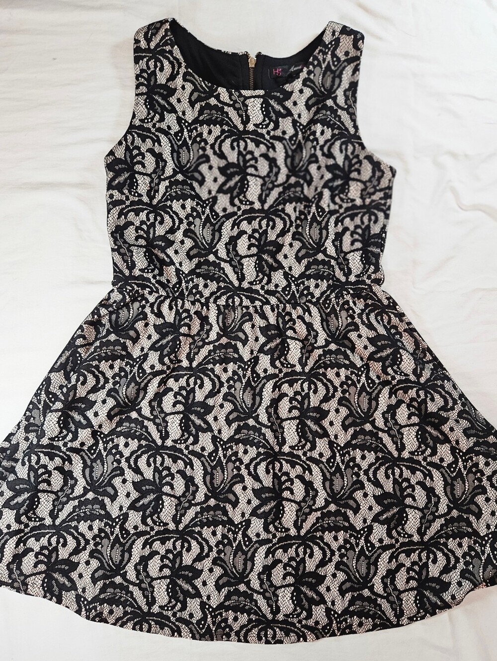 Heartsoul Juniors Beige & Black Lace Overlay Sleeveless Fit & Flare Dress Sz L